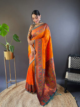 Suha - Women Fashion Ethnic Pathani Orange Saree with Unstitched Blouse