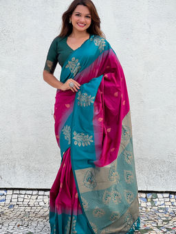 Suha - Women Fashion Ethnic Kanjeevaram Magenta Saree with Unstitched Blouse