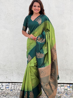 Suha - Women Fashion Ethnic Kanjeevaram Green Saree with Unstitched Blouse