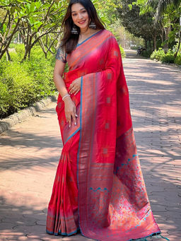 Suha - Women Fashion Ethnic Kanjeevaram Red Saree with Unstitched Blouse