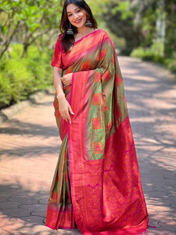 Suha - Women Fashion Ethnic Kanjeevaram Green Saree with Unstitched Blouse