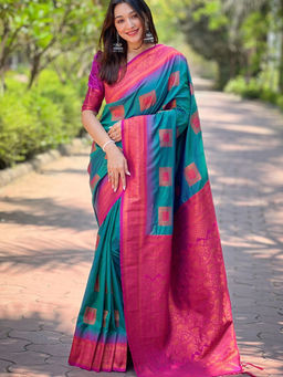 Suha - Women Fashion Ethnic Kanjeevaram Green Saree with Unstitched Blouse