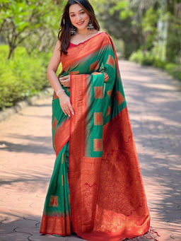 Suha - Women Fashion Ethnic Kanjeevaram Green Saree with Unstitched Blouse