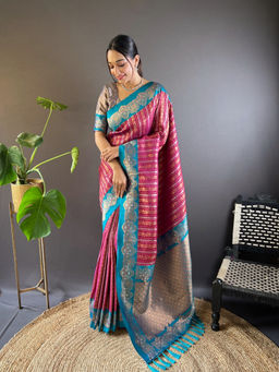 Suha - Women Fashion Ethnic Kanjeevaram Pink Saree with Unstitched Blouse