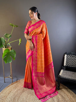 Suha - Women Fashion Ethnic Kanjeevaram Orange Saree with Unstitched Blouse
