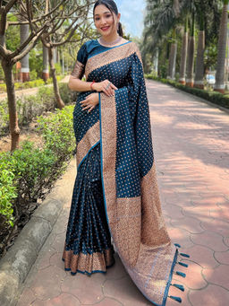 Suha - Women Fashion Ethnic Banarasi Blue Saree with Unstitched Blouse