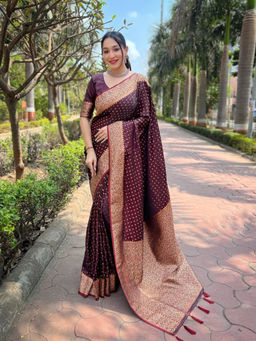 Suha - Women Fashion Ethnic Banarasi Maroon Saree with Unstitched Blouse