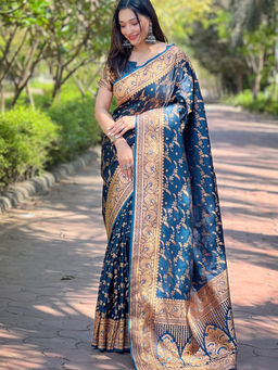 Suha - Women Fashion Ethnic Banarasi Blue Saree with Unstitched Blouse