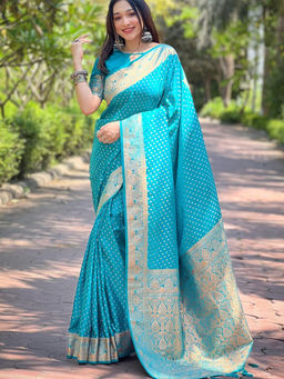Suha - Women Fashion Ethnic Banarasi Blue Saree with Unstitched Blouse