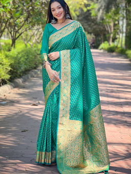 Suha - Women Fashion Ethnic Banarasi Green Saree with Unstitched Blouse