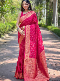 Suha - Women Fashion Ethnic Banarasi Pink Saree with Unstitched Blouse
