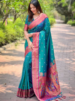 Suha - Women Fashion Ethnic Pathani Green Saree with Unstitched Blouse