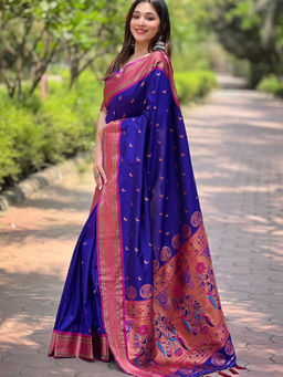 Suha - Women Fashion Ethnic Pathani Blue Saree with Unstitched Blouse