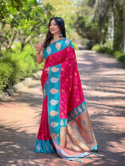 Suha - Women Fashion Ethnic Kanjeevaram Red Saree with Unstitched Blouse