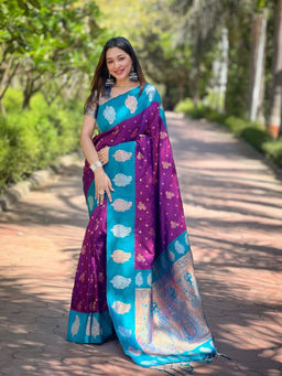 Suha - Women Fashion Ethnic Kanjeevaram Purple Saree with Unstitched Blouse