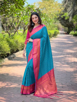 Suha - Women Fashion Ethnic Kanjeevaram Blue Saree with Unstitched Blouse