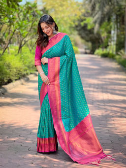 Suha - Women Fashion Ethnic Kanjeevaram Green Saree with Unstitched Blouse