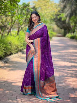 Suha - Women Fashion Ethnic Kanjeevaram Purple Saree with Unstitched Blouse