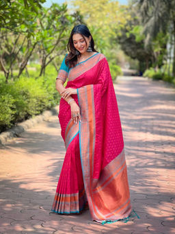 Suha - Women Fashion Ethnic Kanjeevaram Red Saree with Unstitched Blouse