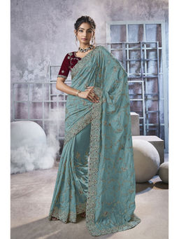 Suha - The Elegant Embellished With A Luxurious Turquoise Saree with Unstitched Blouse