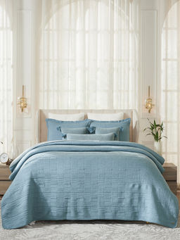 PLUCHI - Harriet Blue Cotton Polyester Filled Bedcover with 2 Pillow & 3 Cushion Covers (King)