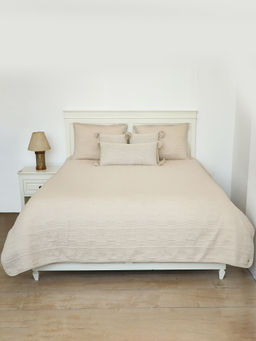 PLUCHI - Harriet Beige Cotton Polyester Filled Bedcover with 2 Pillow & 3 Cushion Covers (King)