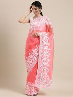 Vastranand - Peach-Coloured & Off White Embroidered Organza Saree with Unstitched Blouse