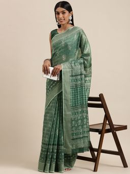 Akhilam - Womens Soft Silk Green Digital Print Celebrity Saree with Unstitched Blouse