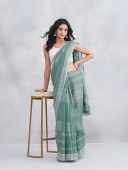 Fabindia - Green Cotton Silk Block Printed Saree with Unstitched Blouse