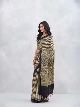 Fabindia - Beige Viscose Blend Ajrakh Printed Saree with Unstitched Blouse