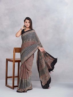 Fabindia - Black Viscose Blend Ajrakh Printed Saree with Unstitched Blouse
