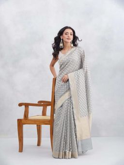 Fabindia - Grey Cotton Silk Blend Banarsi Saree with Unstitched Blouse