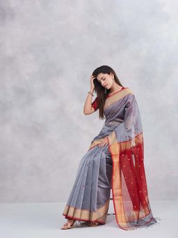 Fabindia - Grey Cotton Silk Blend Hand Woven Saree with Unstitched Blouse