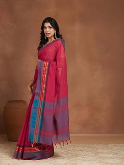 Fabindia - Maroon Cotton Blend Saree with Unstitched Blouse