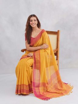 Fabindia - Mustard Cotton Blend Saree with Unstitched Blouse