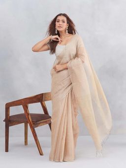 Fabindia - Beige Cotton Blend Hand Sequence Saree with Unstitched Blouse