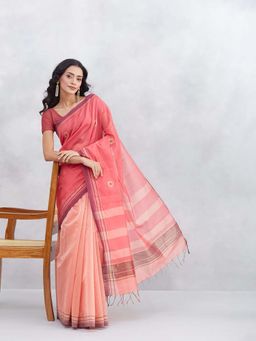 Fabindia - Pink Cotton Silk Blend Woven Saree with Unstitched Blouse