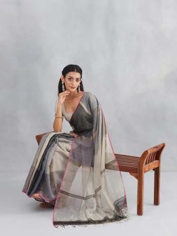 Fabindia - Black Cotton Blend Hand Woven Saree with Unstitched Blouse