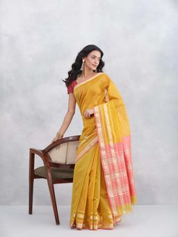 Fabindia - Mustard Cotton Silk Blend Woven Saree with Unstitched Blouse