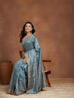 Fabindia - Blue Silk Blend Jamdani Woven Saree with Unstitched Blouse