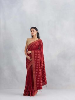 Fabindia - Maroon Silk Blend Jamdani Woven Saree with Unstitched Blouse