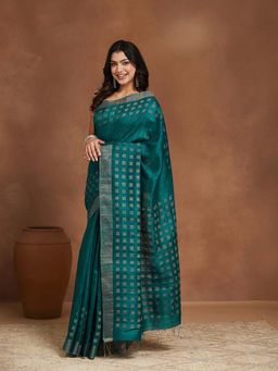 Fabindia - Teal Silk Blend Jamdani Woven Saree with Unstitched Blouse