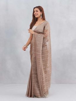 Fabindia - Brown Cotton Blend Jamdani Woven Saree with Unstitched Blouse