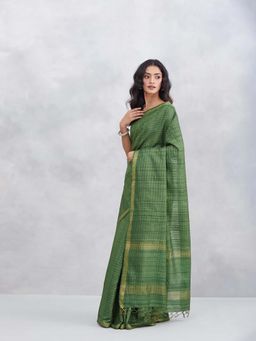 Fabindia - Green Silk Blend Checks Saree with Unstitched Blouse