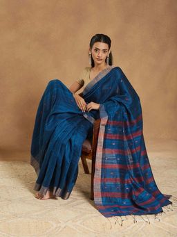 Fabindia - Blue Silk Blend Jamdani Woven Saree with Unstitched Blouse