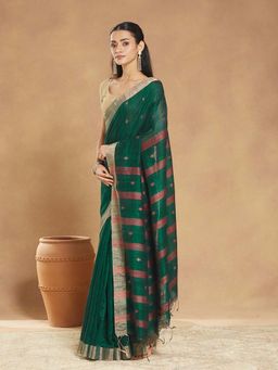 Fabindia - Green Silk Blend Jamdani Woven Saree with Unstitched Blouse
