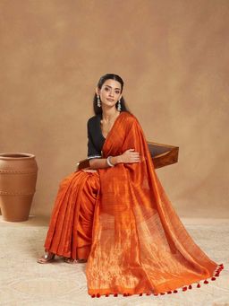 Fabindia - Orange Silk Blend Hand Woven Saree with Unstitched Blouse