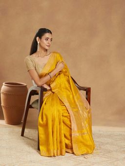 Fabindia - Yellow Silk Blend Hand Woven Saree with Unstitched Blouse