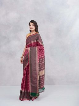 Fabindia - Maroon Silk Blend Woven Saree with Unstitched Blouse