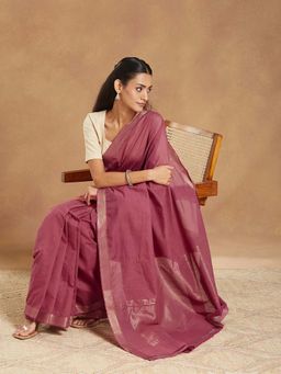 Fabindia - Maroon Cotton Blend Woven Saree with Unstitched Blouse